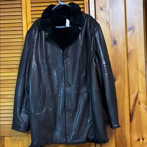 Elegant Black Leather Pea Coat real fur button and 2 pockets light and warm coat